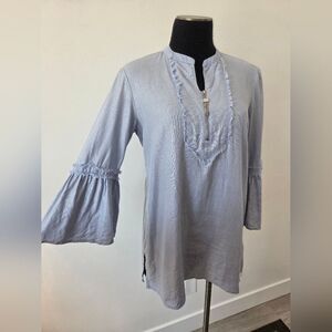 Ellen Tracy Linen Blend Blouse Cornflower Blue Tassel Boho Fringe Chic Small